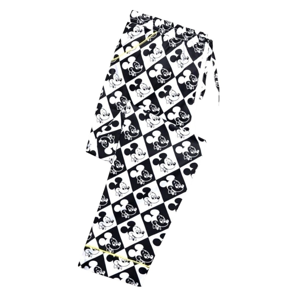 Disney Mickey Mouse Checkerboard Pajama Pants Black White Satin Feel Mens Small
